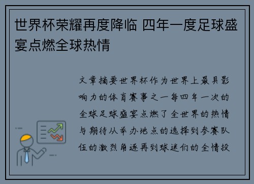 世界杯荣耀再度降临 四年一度足球盛宴点燃全球热情