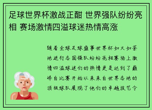 足球世界杯激战正酣 世界强队纷纷亮相 赛场激情四溢球迷热情高涨